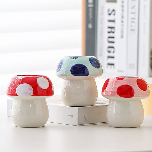 Red And White Adorable Ceramic Mushroom Desk Organizer - Cute Pen & Makeup Brush Holder V888-ELOSUNG23820