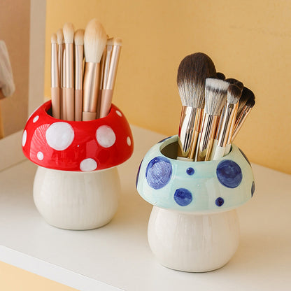 Red And White Adorable Ceramic Mushroom Desk Organizer - Cute Pen & Makeup Brush Holder V888-ELOSUNG23820
