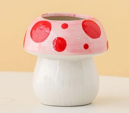 Pink And Red Adorable Ceramic Mushroom Desk Organizer - Cute Pen & Makeup Brush Holder V888-ELOSUNG23821