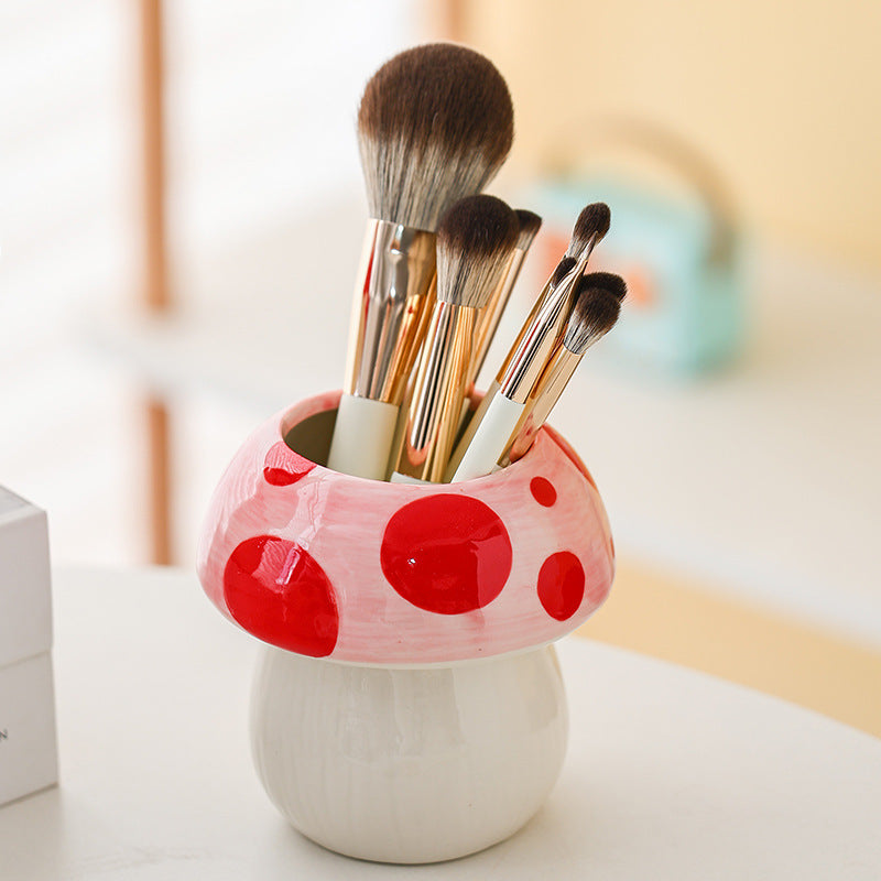 Pink And Red Adorable Ceramic Mushroom Desk Organizer - Cute Pen & Makeup Brush Holder V888-ELOSUNG23821