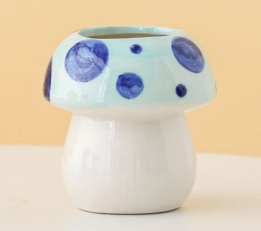 Blue Adorable Ceramic Mushroom Desk Organizer - Cute Pen & Makeup Brush Holder V888-ELOSUNG23822