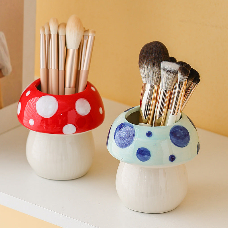 Blue Adorable Ceramic Mushroom Desk Organizer - Cute Pen & Makeup Brush Holder V888-ELOSUNG23822