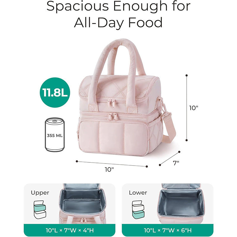 Black Chic Double Deck Insulated Lunch Bag - Leakproof Cooler Tote for Women V888-ELOSUNG23862