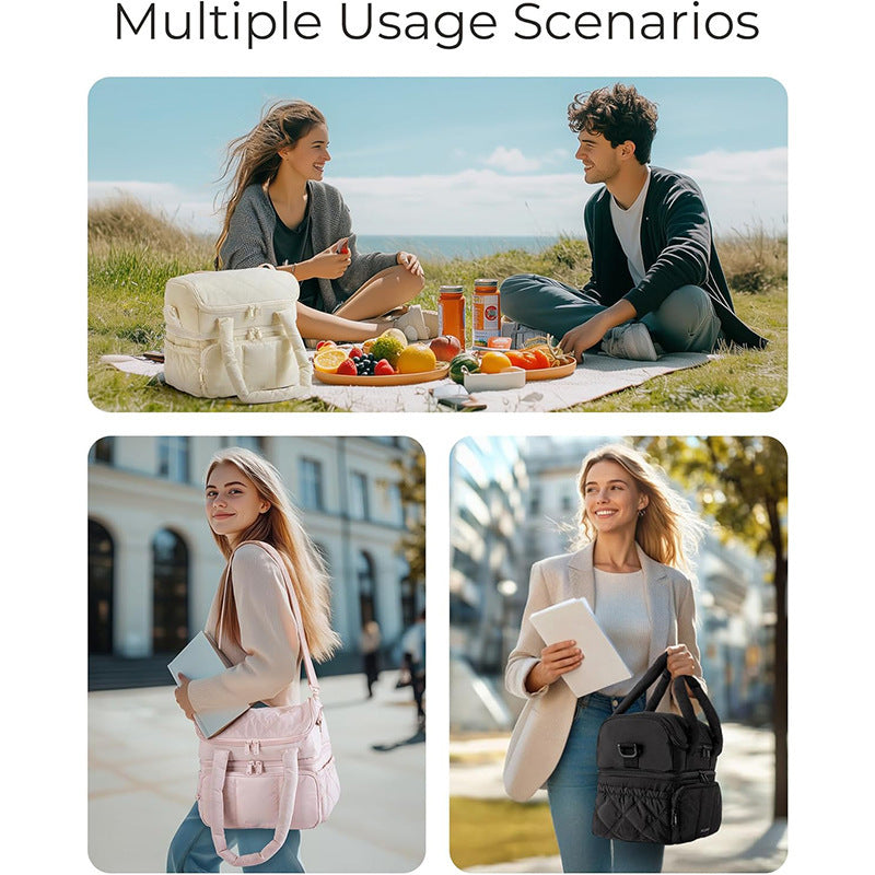 Black Chic Double Deck Insulated Lunch Bag - Leakproof Cooler Tote for Women V888-ELOSUNG23862