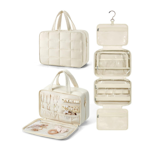 Size M Beige Quilted Hanging Toiletry Bag with Jewelry Organizer - Travel Cosmetic Case(28*12*20) V888-ELOSUNG23866
