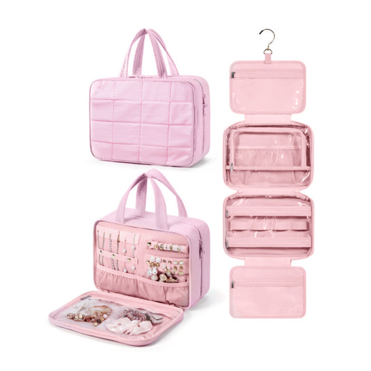 Size M Beige Quilted Hanging Toiletry Bag with Jewelry Organizer - Travel Cosmetic Case(28*12*20) V888-ELOSUNG23866
