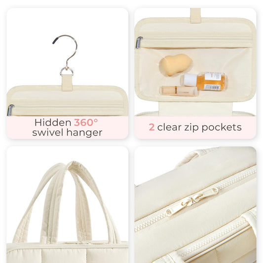 Size L Beige Quilted Hanging Toiletry Bag with Jewelry Organizer - Travel Cosmetic Case(31*12*23) V888-ELOSUNG23869
