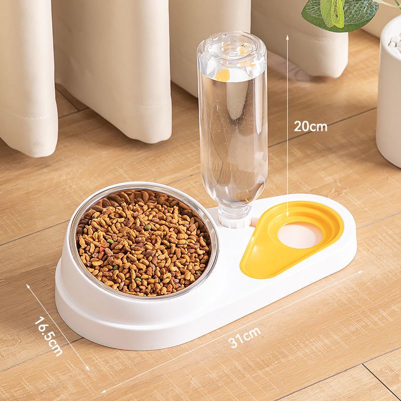White And Yellow Pet Bowl Set with Automatic Gravity Water Dispenser - Stainless Steel & PP Feeder Station V888-ELOSUNG23875
