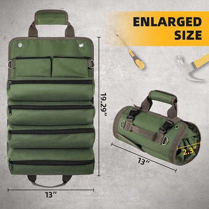 Green Heavy Duty Roll-Up Tool Bag Organizer - Waterproof Oxford Fabric Pouch with Multiple Pockets V888-ELOSUNG23915