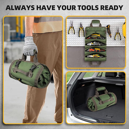 Khaki Heavy Duty Roll-Up Tool Bag Organizer - Waterproof Oxford Fabric Pouch with Multiple Pockets V888-ELOSUNG23917