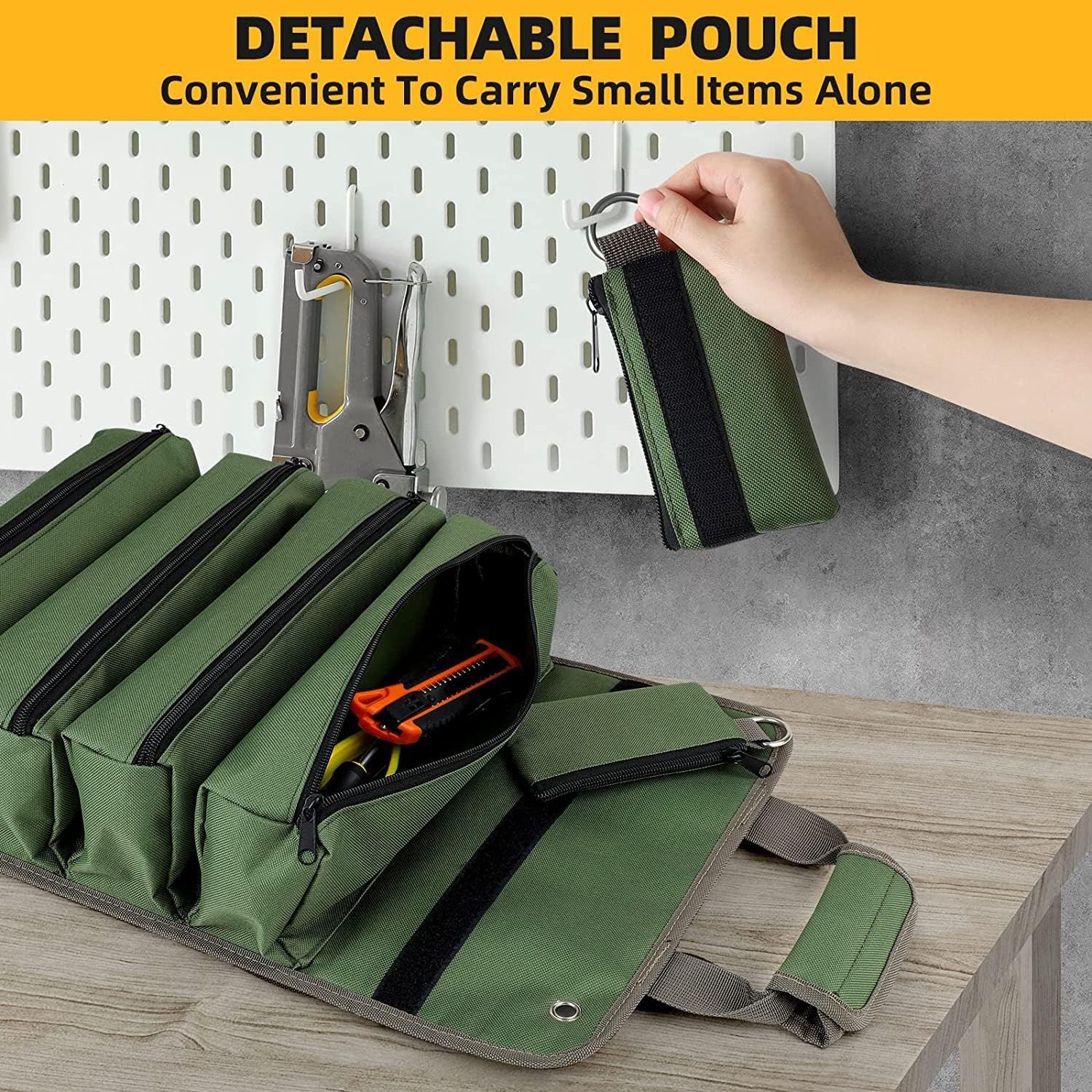 Khaki Heavy Duty Roll-Up Tool Bag Organizer - Waterproof Oxford Fabric Pouch with Multiple Pockets V888-ELOSUNG23917