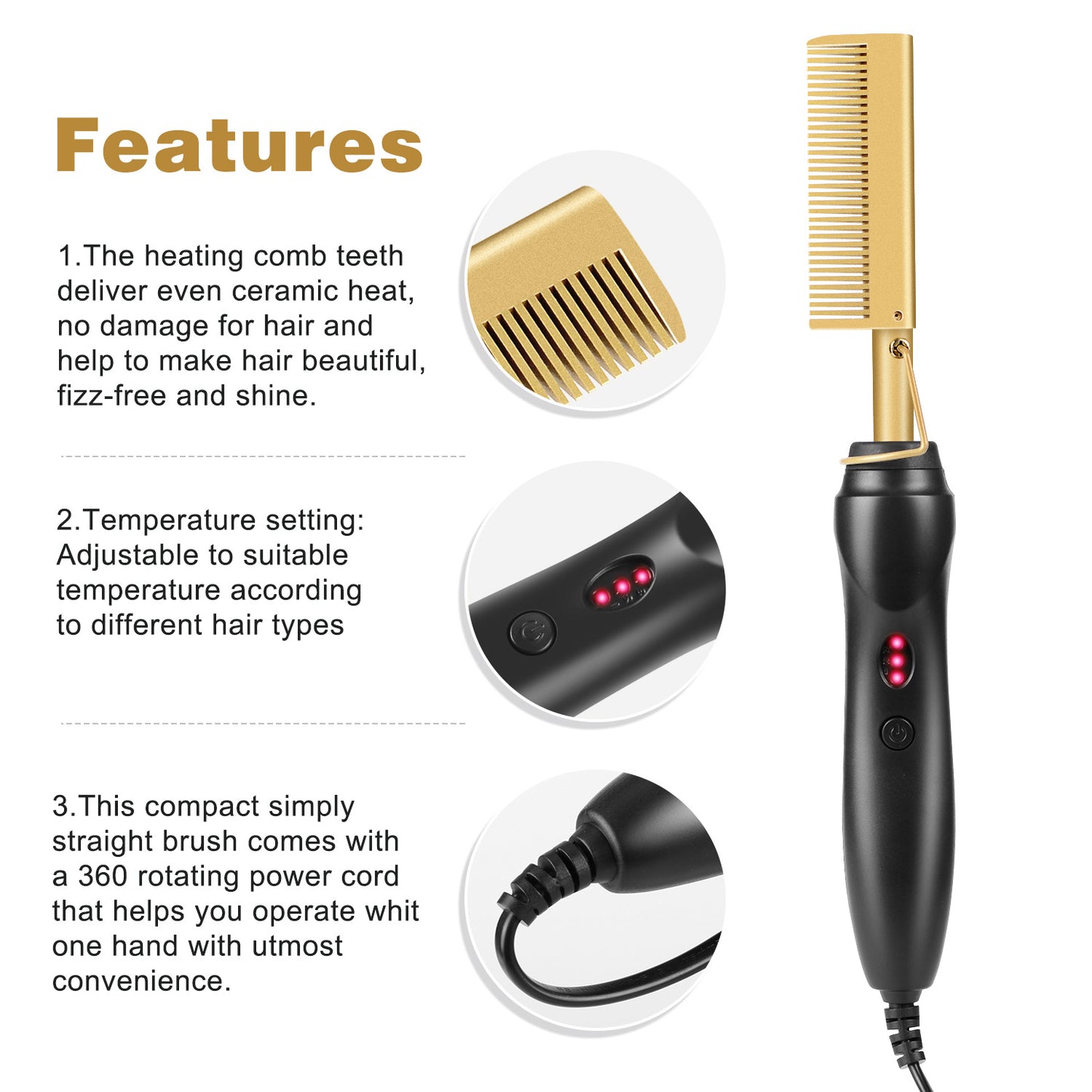 Black Electric Hot Comb Hair Straightener - Fast Heating Styling Tool with 3 Temp Settings & Anti-Scald Guard V888-ELOSUNG23919