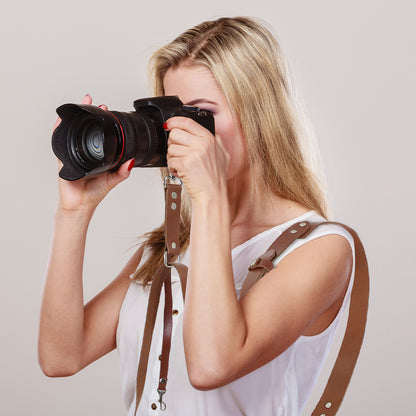 Brown Adjustable Genuine Leather Camera Strap - Crossbody Shoulder Sling for DSLR/SLR(The camera is a prop V888-ELOSUNG23943