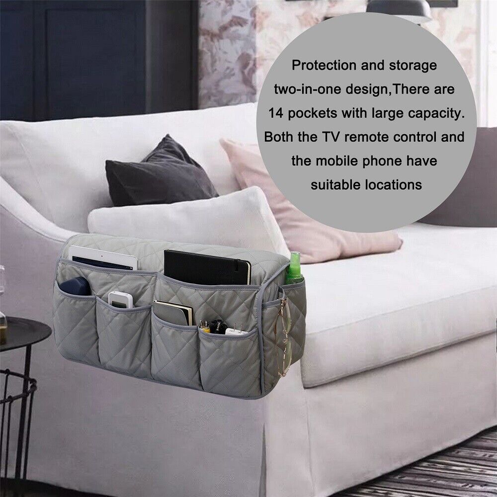 2 Pcs Black Quilted Sofa Armrest Organizer Caddy - Multi-Pocket Remote Control Holder Bag V888-ELOSUNG23947