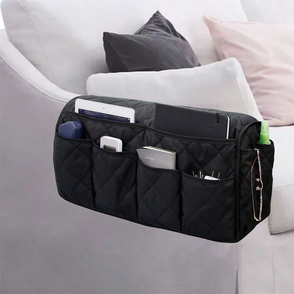 2 Pcs Blue Quilted Sofa Armrest Organizer Caddy - Multi-Pocket Remote Control Holder Bag V888-ELOSUNG23948