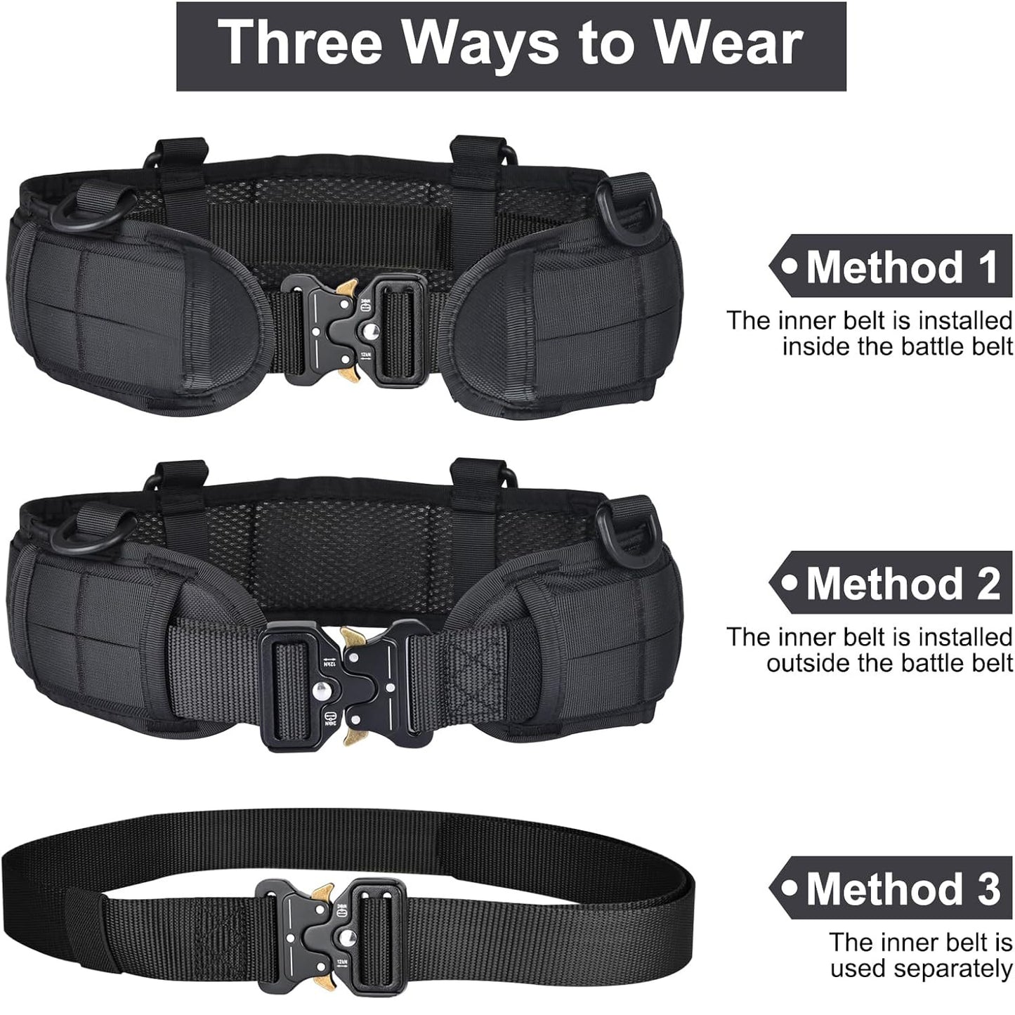 Black Adjustable Tactical Battle Belt Set - Padded MOLLE Outer & Nylon Inner Belt V888-ELOSUNG23949