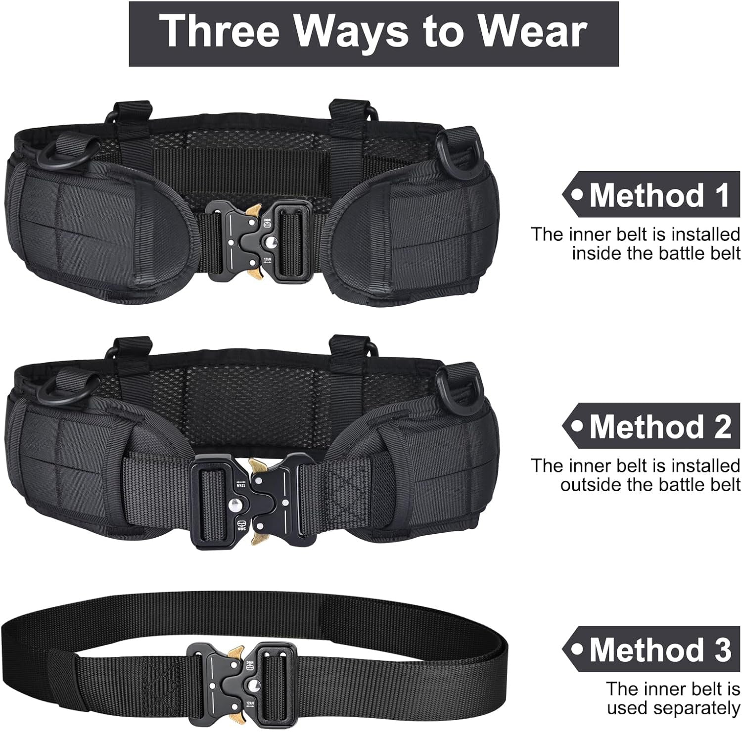 Black Adjustable Tactical Battle Belt Set - Padded MOLLE Outer & Nylon Inner Belt V888-ELOSUNG23949