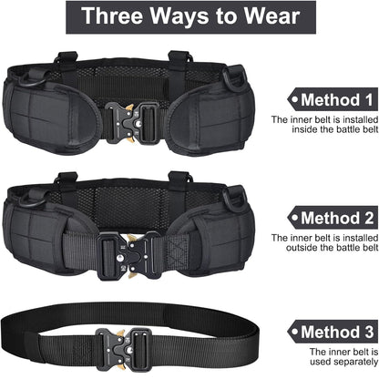 Black Adjustable Tactical Battle Belt Set - Padded MOLLE Outer & Nylon Inner Belt V888-ELOSUNG23949