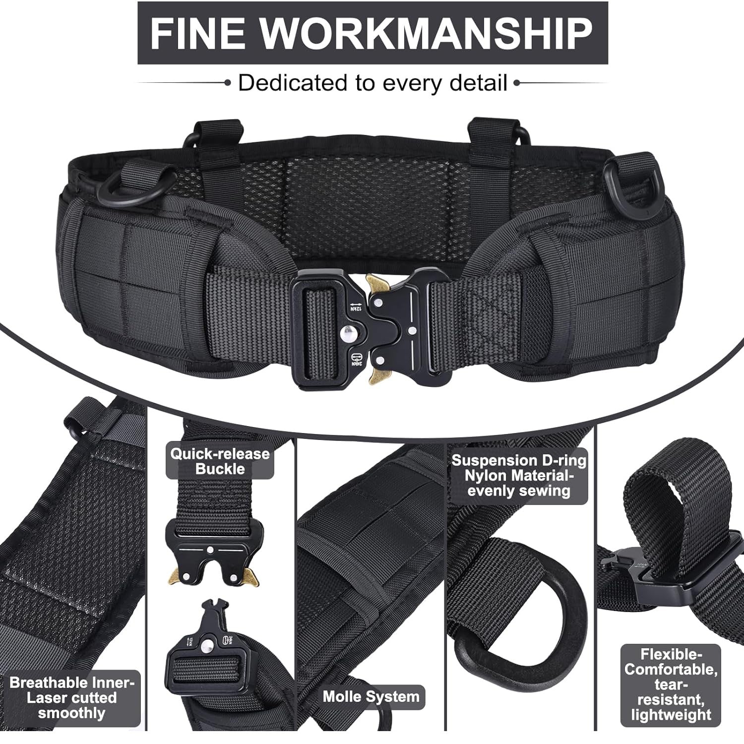 Black Adjustable Tactical Battle Belt Set - Padded MOLLE Outer & Nylon Inner Belt V888-ELOSUNG23949