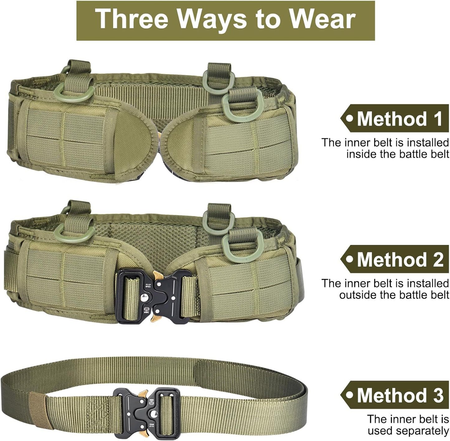Green Adjustable Tactical Battle Belt Set - Padded MOLLE Outer & Nylon Inner Belt V888-ELOSUNG23950