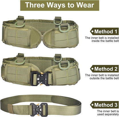 Green Adjustable Tactical Battle Belt Set - Padded MOLLE Outer & Nylon Inner Belt V888-ELOSUNG23950