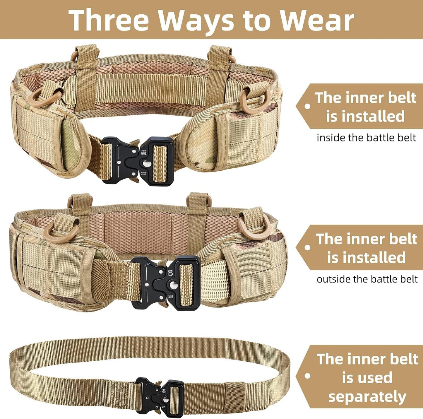 Khaki Adjustable Tactical Battle Belt Set - Padded MOLLE Outer & Nylon Inner Belt V888-ELOSUNG23951