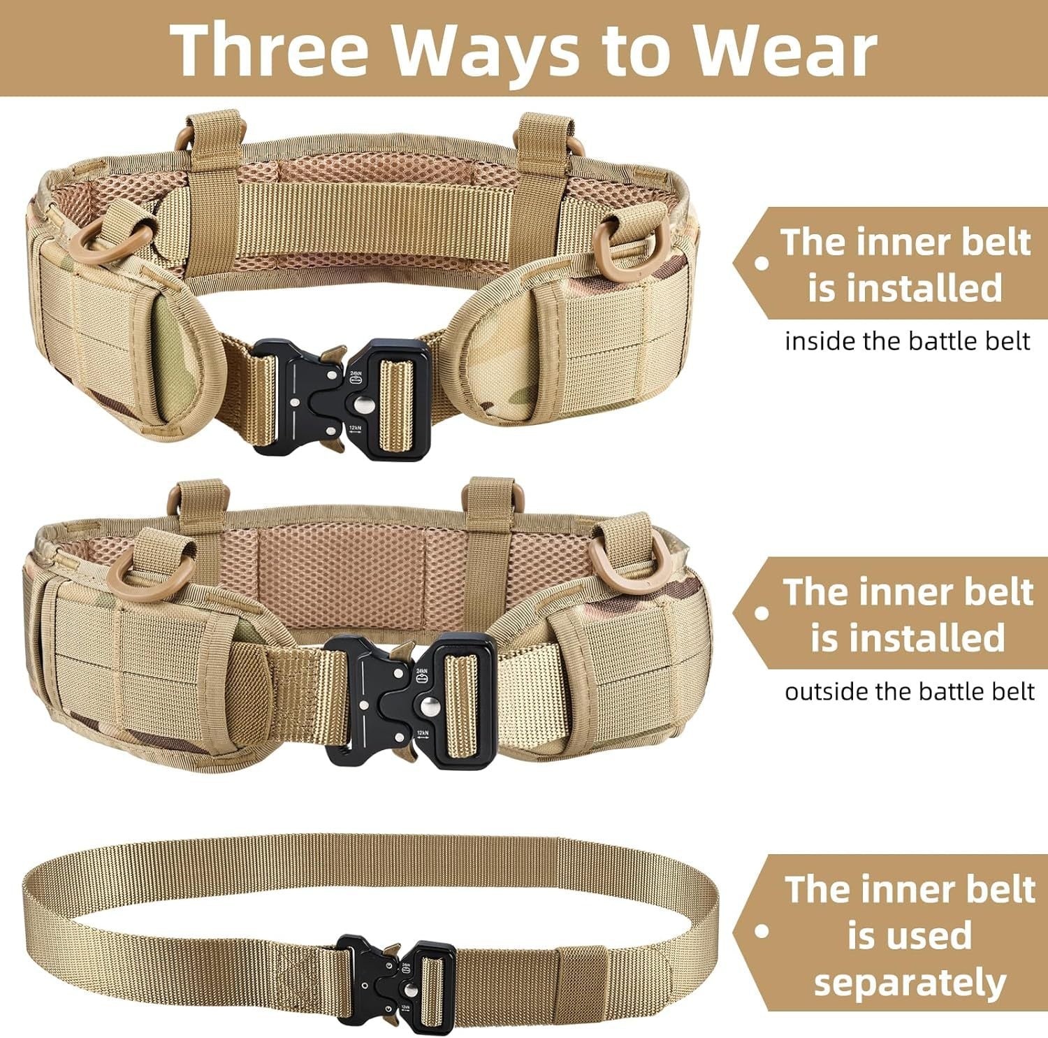 Khaki Adjustable Tactical Battle Belt Set - Padded MOLLE Outer & Nylon Inner Belt V888-ELOSUNG23951