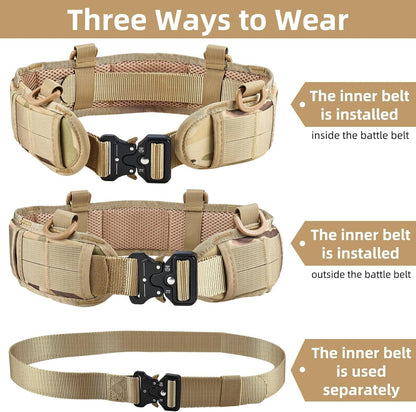 Khaki Adjustable Tactical Battle Belt Set - Padded MOLLE Outer & Nylon Inner Belt V888-ELOSUNG23951