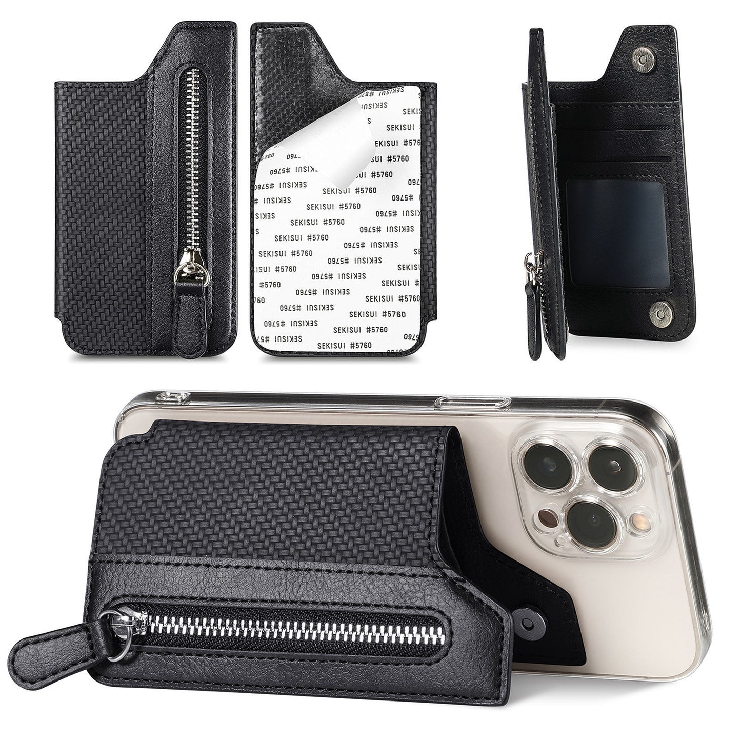 2 Pcs Black Multifunction Stick-On Phone Wallet - PU Leather Card Holder with Zipper & Flip Cover V888-ELOSUNG23958