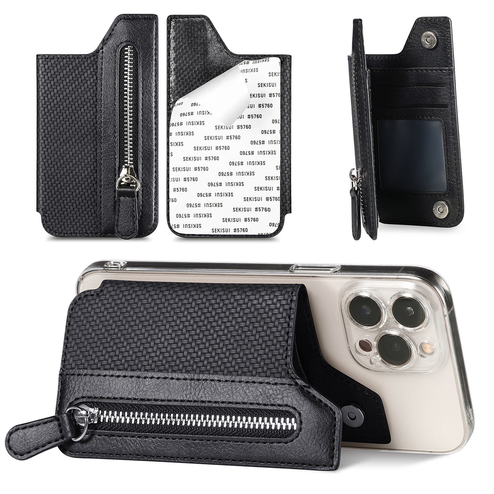 2 Pcs Black Multifunction Stick-On Phone Wallet - PU Leather Card Holder with Zipper & Flip Cover V888-ELOSUNG23958