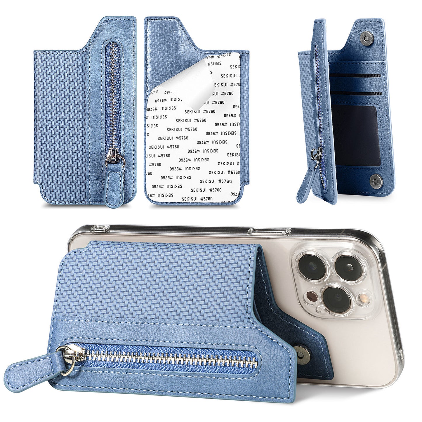 2 Pcs Blue Multifunction Stick-On Phone Wallet - PU Leather Card Holder with Zipper & Flip Cover V888-ELOSUNG23959