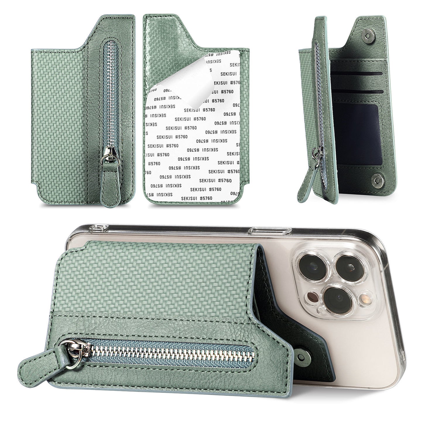 2 Pcs Green Multifunction Stick-On Phone Wallet - PU Leather Card Holder with Zipper & Flip Cover V888-ELOSUNG23960