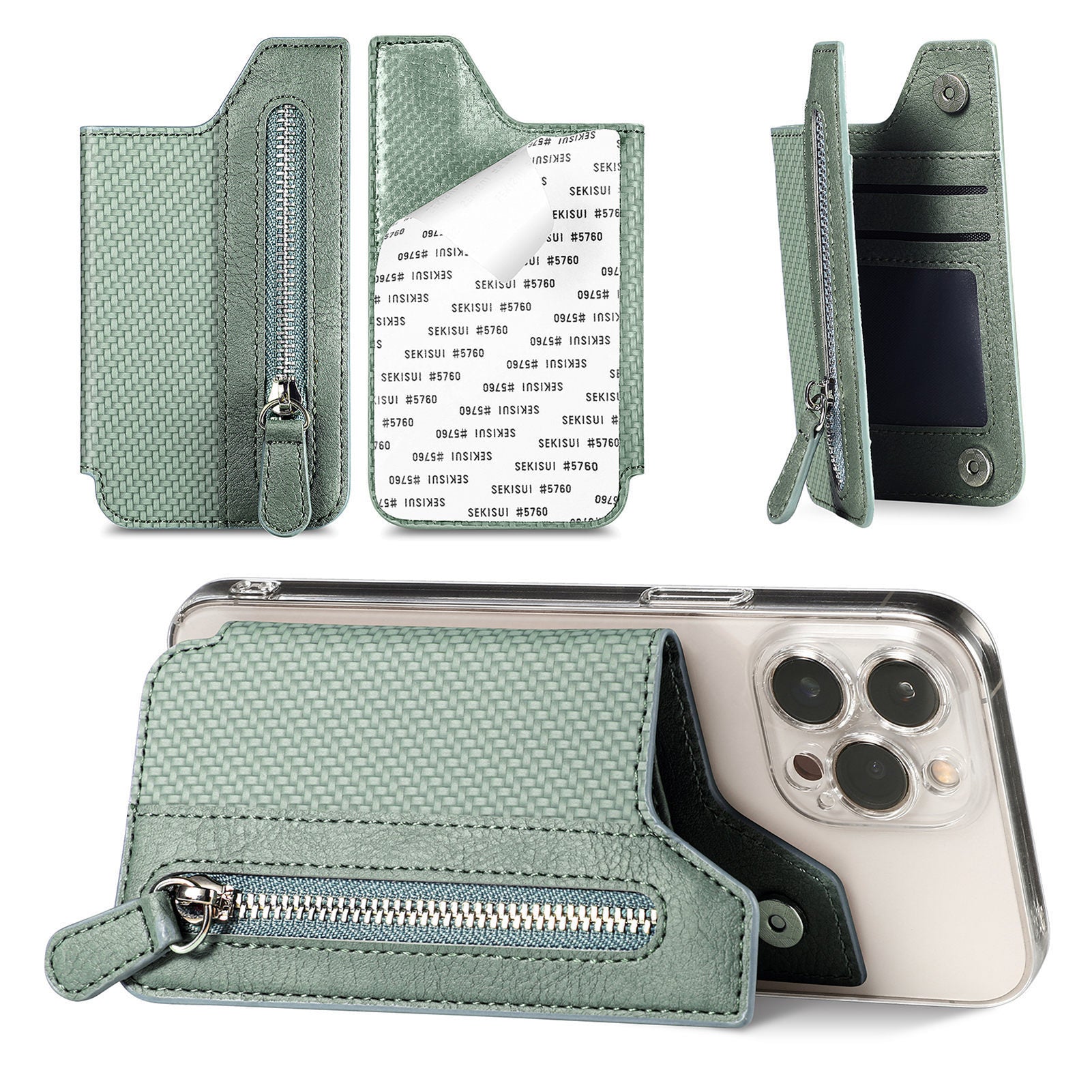 2 Pcs Green Multifunction Stick-On Phone Wallet - PU Leather Card Holder with Zipper & Flip Cover V888-ELOSUNG23960