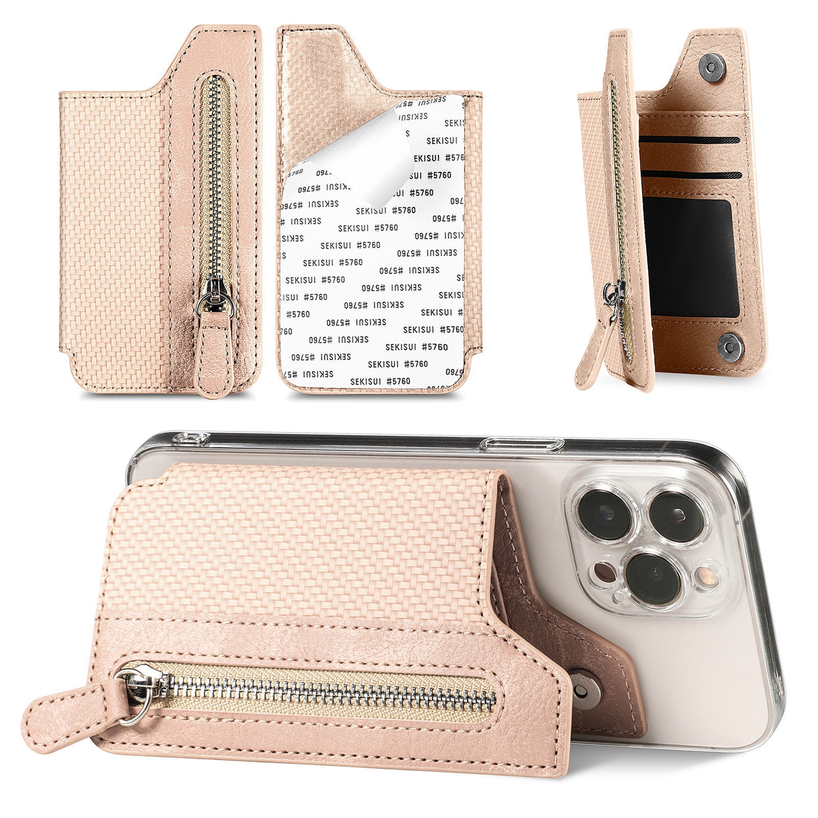 2 Pcs Khaki Multifunction Stick-On Phone Wallet - PU Leather Card Holder with Zipper & Flip Cover V888-ELOSUNG23961