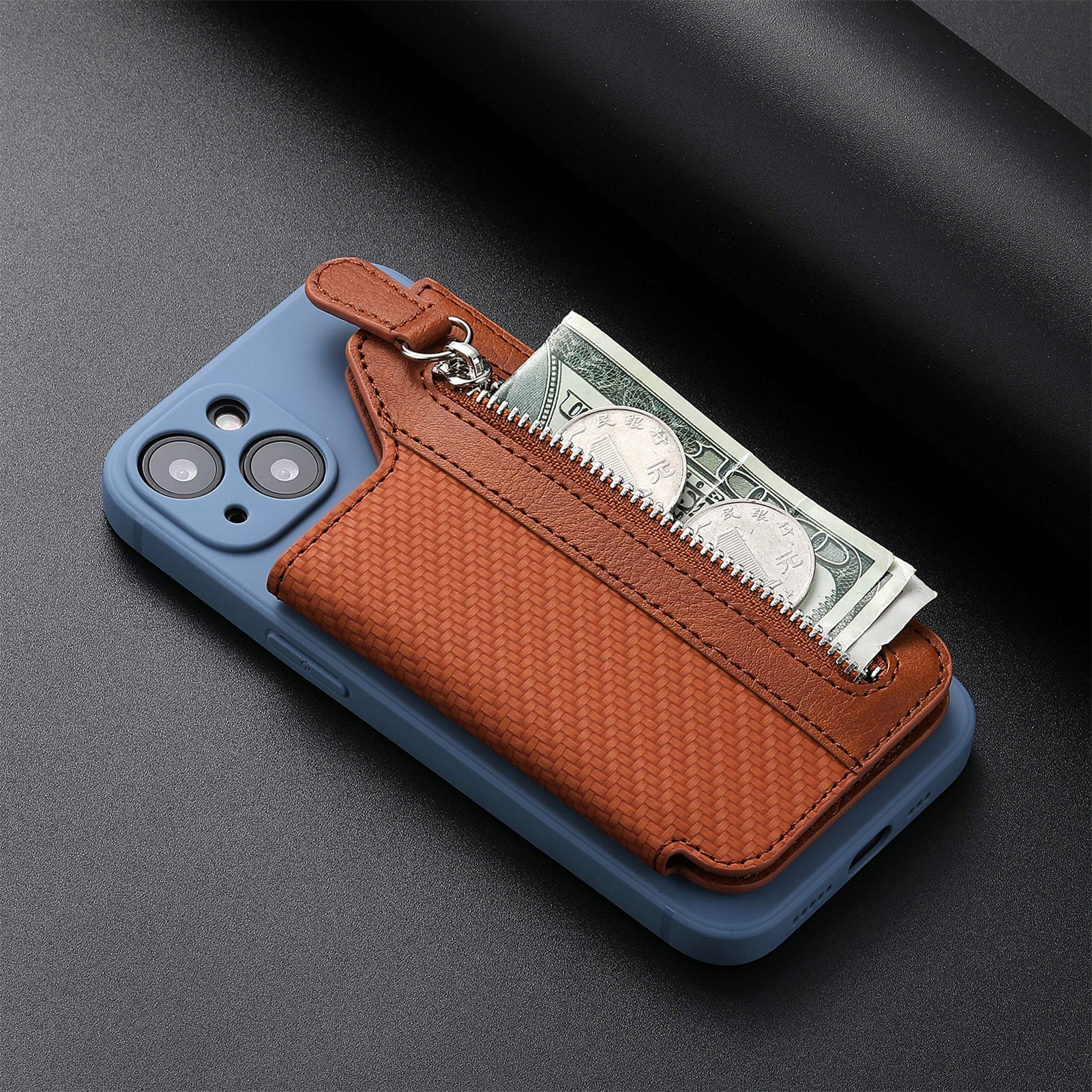 2 Pcs Khaki Multifunction Stick-On Phone Wallet - PU Leather Card Holder with Zipper & Flip Cover V888-ELOSUNG23961