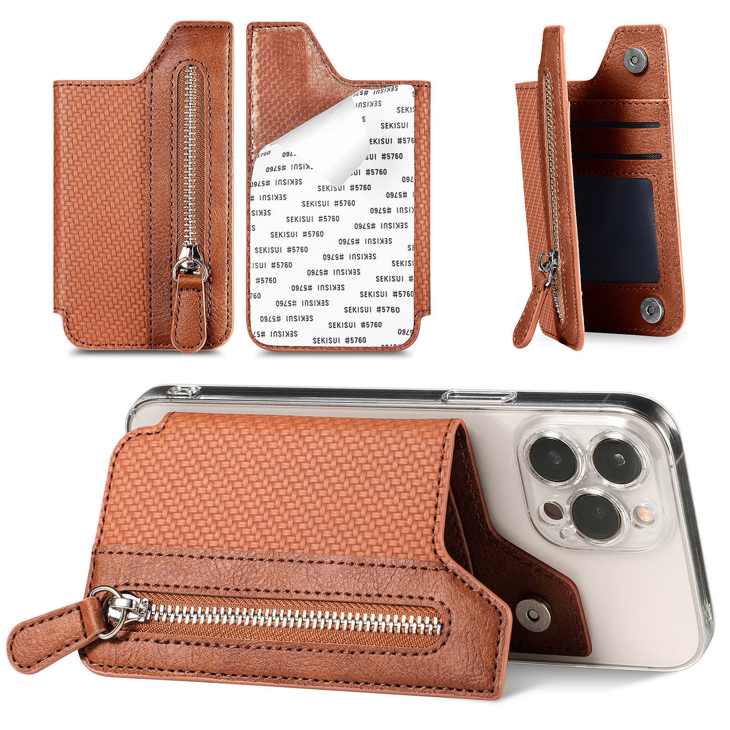 2 Pcs Brown Multifunction Stick-On Phone Wallet - PU Leather Card Holder with Zipper & Flip Cover V888-ELOSUNG23962