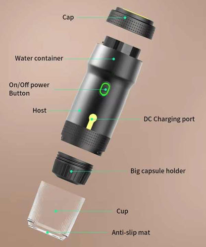 Black 3-in-1 Portable Electric Espresso Maker - Rechargeable Travel Coffee Machine for Capsules & Ground V888-ELOSUNG23963