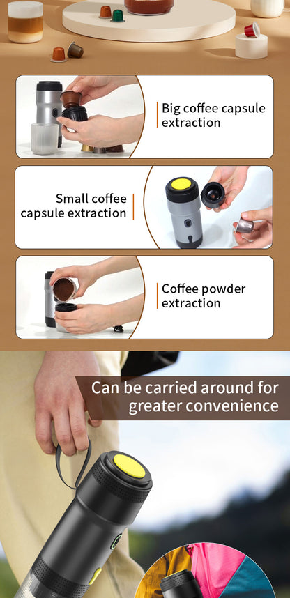 Silver 3-in-1 Portable Electric Espresso Maker - Rechargeable Travel Coffee Machine for Capsules & Ground V888-ELOSUNG23965