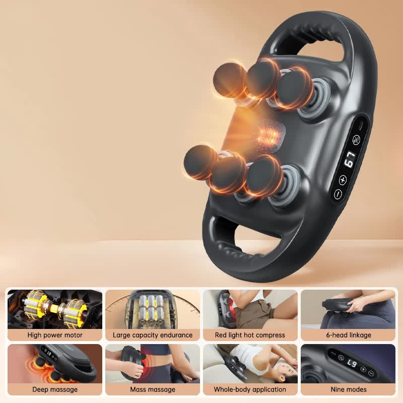 Dark Grey Advanced 6-Head Percussion Massager with Heat - Rechargeable Deep Tissue Muscle Relief Gun V888-ELOSUNG23967