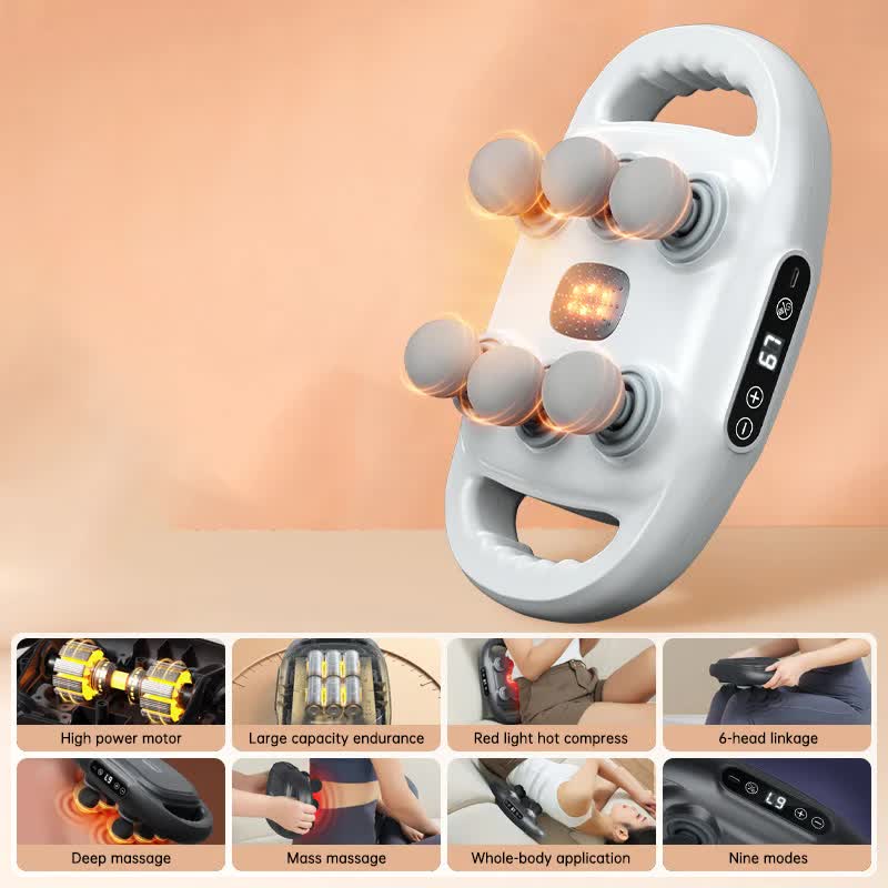 White Advanced 6-Head Percussion Massager with Heat - Rechargeable Deep Tissue Muscle Relief Gun V888-ELOSUNG23968