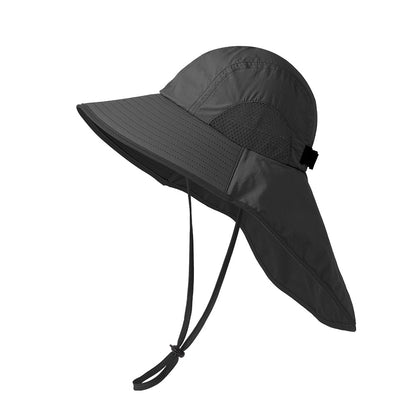 Black Wide Brim Sun Hat with Cape - Foldable UV Protection - 10cm Brim V888-ELOSUNG24368