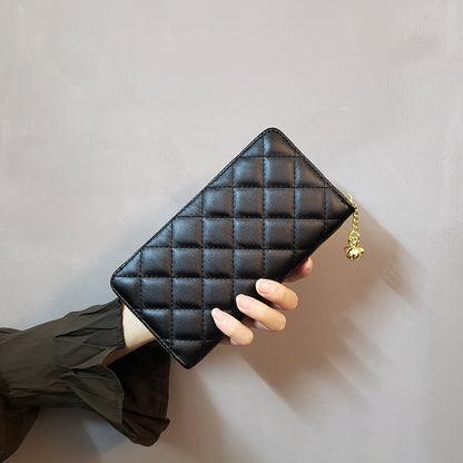 Black-Checkered Women's Classic Quilted Long Wallet - Premium Diamond Stitch Zip Around Card Holder with V888-ELOSUNG24451