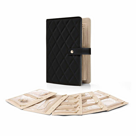 Black Foldable Travel Jewelry Organizer - Velvet Zippered Case with Transparent Pages & Detachable Pouches V888-ELOSUNG24491