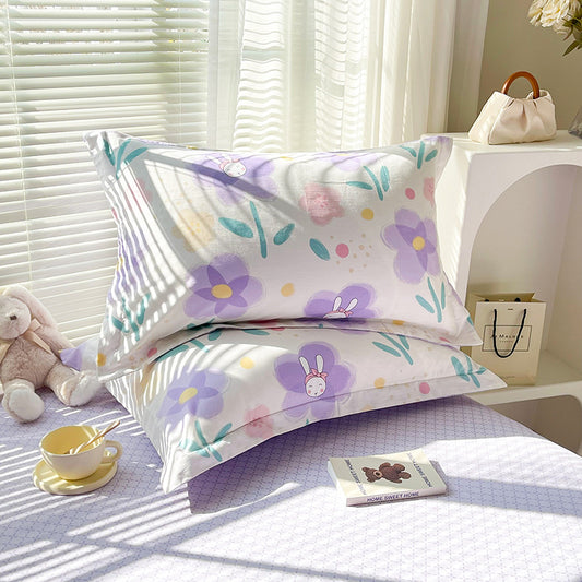 Purple Flower 100% Cotton Pillowcase Set (Pack of 2) - Breathable Standard Size 48x74cm Pure Cotton Pillow V888-ELOSUNG24554