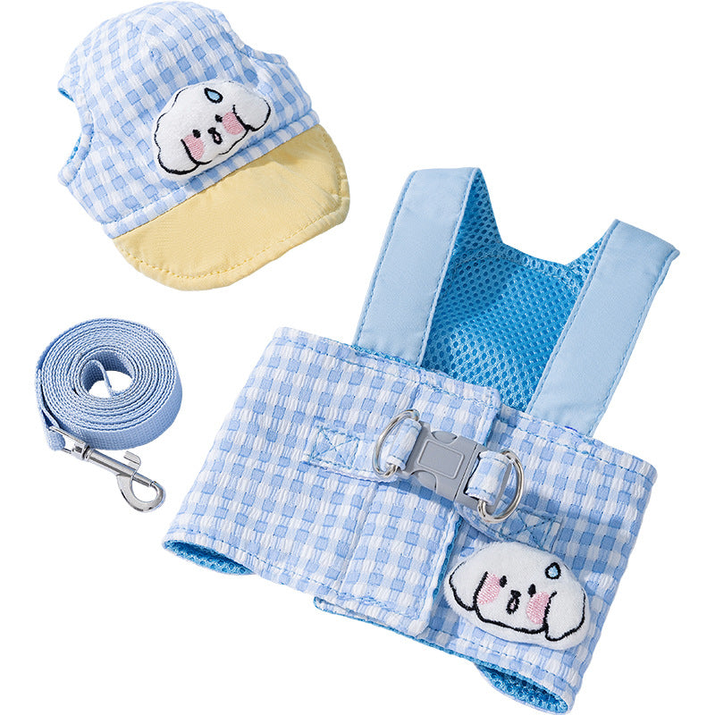 L Blue Pet Sun Hat with Adjustable Strap + Leash & Harness 3-Piece Set - Breathable Summer Cap for Dogs & V888-ELOSUNG24601