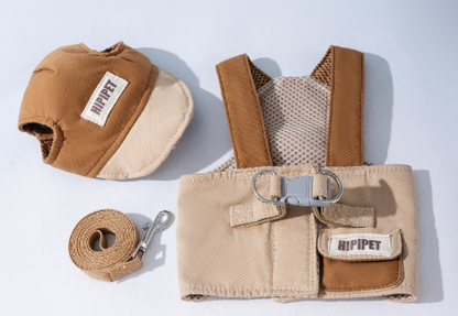 M Brown Pet Sun Hat with Adjustable Strap + Leash & Harness 3-Piece Set - Breathable Summer Cap for Dogs & V888-ELOSUNG24606