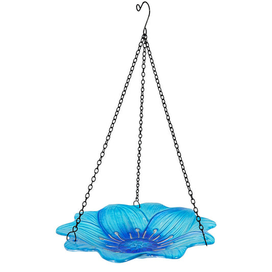 Blue Decorative Hanging Glass Flower Bird Bath - 10 Inch Vibrant Outdoor Garden Accent V888-ELOSUNG24670