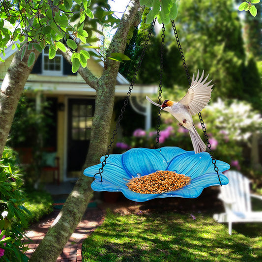Blue Decorative Hanging Glass Flower Bird Bath - 10 Inch Vibrant Outdoor Garden Accent V888-ELOSUNG24670