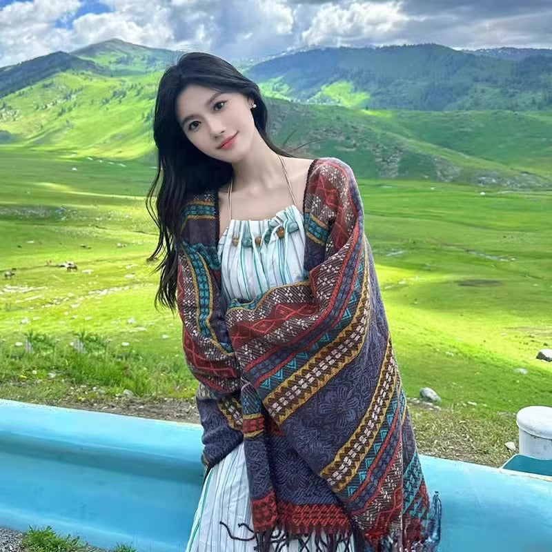 Blue Elegant Jacquard Knit Shawl Wrap - Versatile Oversized Scarf (150cm x 130cm) V888-ELOSUNG24677