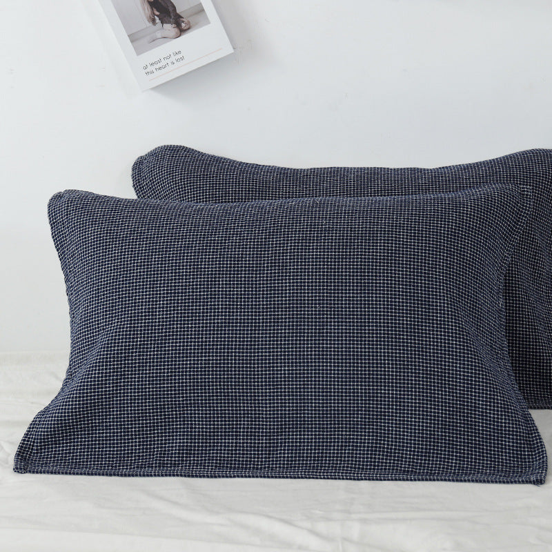 Dark Blue Breathable 4-Layer Cotton Gauze Pillow Towel Pair - Japanese Style Grid (52x75cm) V888-ELOSUNG24712